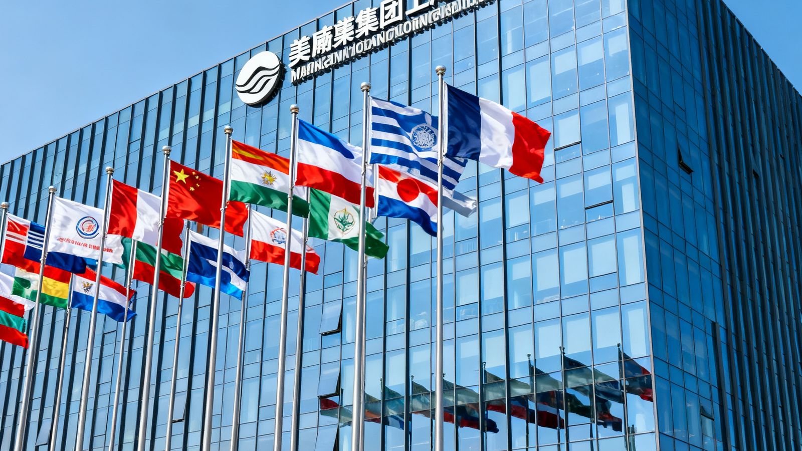 美高梅集团位于上海自贸区临港片区的全球总部大楼，现代化玻璃幕墙建筑前飘扬着多国旗帜，象征企业的国际化布局与跨境物流枢纽地位。