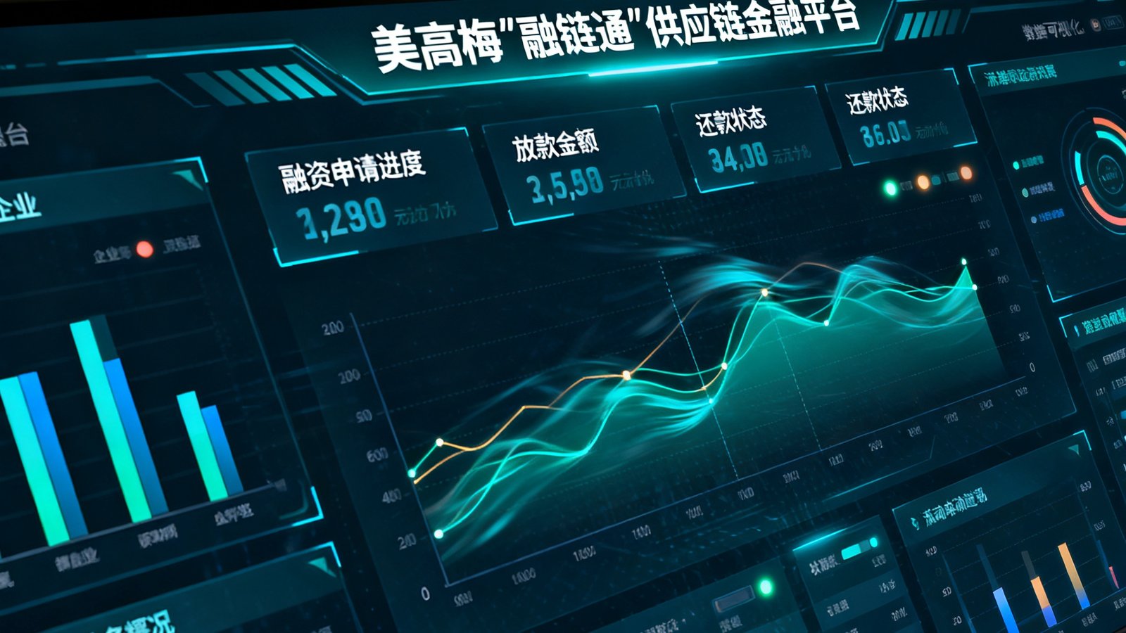 美高梅'融链通'供应链金融平台的数字化大屏，实时滚动显示各企业的融资申请进度、放款金额和还款状态，数据可视化呈现金融业务全貌。