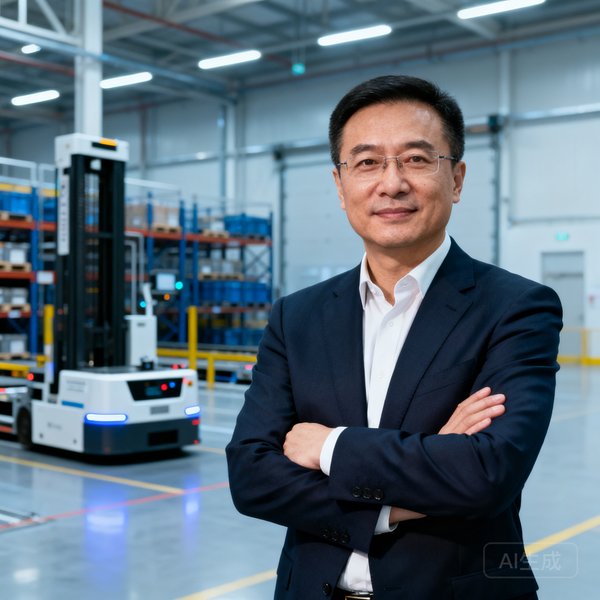 美高梅集团COO李振海的半身照，他站在鹿特丹智慧仓的AGV区域前，双臂交叉，展现出运营管理者的干练与自信。